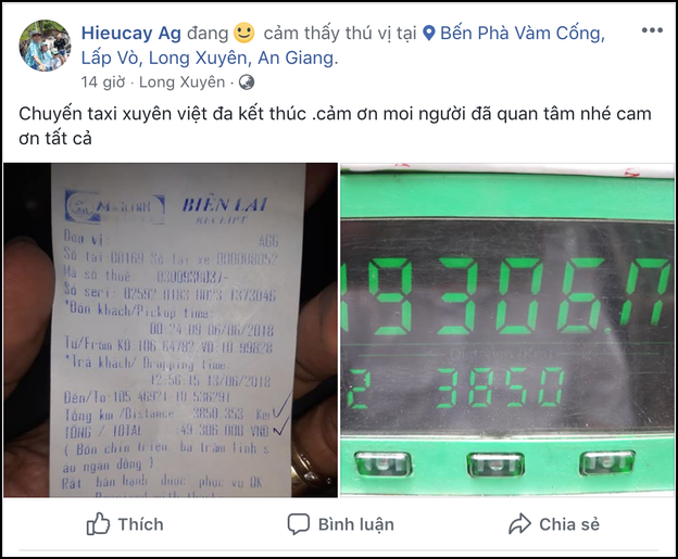 Đã tìm ra chuyến taxi với giá cước khủng hơn cả hành trình 3.850km khứ hồi từ An Giang ra Hà Nội hết 49 triệu tiền cước
