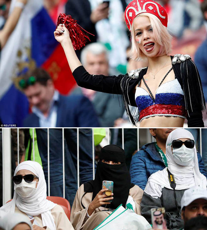 Cổ vũ World Cup: Gái đẹp nước Nga gợi cảm mê hồn, Ả Rập Saudi kín như bưng