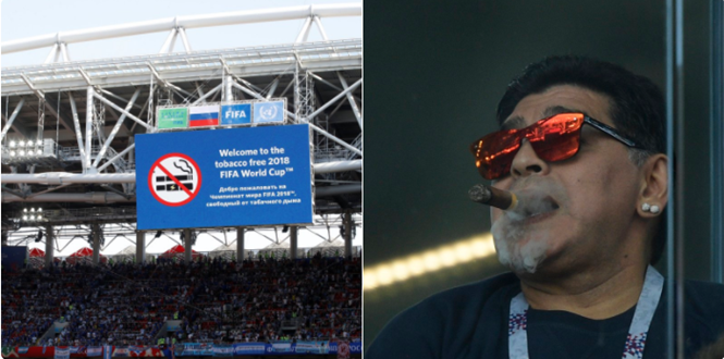 Maradona hút xì gà trên khán đài trận Argentina - Iceland bất chấp lệnh cấm