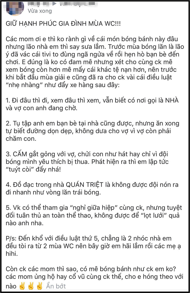 Ra 5 điều luật giữ hạnh phúc gia đình mùa World Cup, vợ trẻ thay hội chị em răn đe các ông chồng