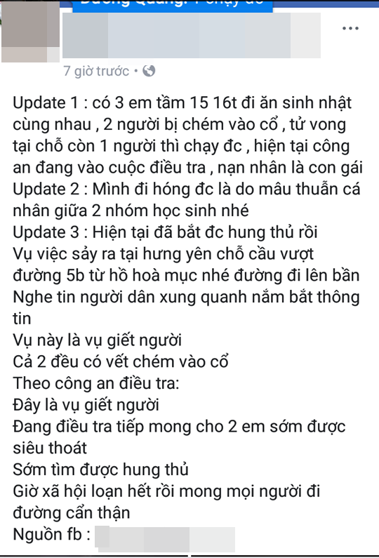 Thực hư thông tin 2 nữ sinh bị sát hại trong đêm khi đi sinh nhật ở Hưng Yên