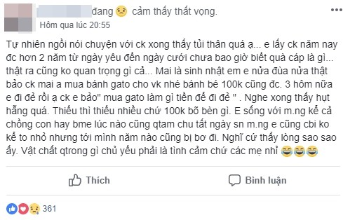 Chưa bao giờ được tặng quà, vợ gợi ý chồng mua bánh sinh nhật 100 nghìn cũng bị gạt đi vì để tiền đi đẻ