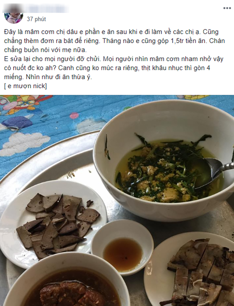 Cô nàng ấm ức vì chị dâu để phần mâm cơm nham nhở dù tháng nào cũng nộp 1,5 triệu tiền ăn gây tranh cãi