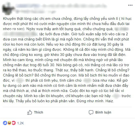 Lấy phải chồng yếu sinh lý 1 phút là xong, cô vợ khuyên nên thử hàng trước khi mua khiến chị em cười như được mùa Lấy phải chồng yếu sinh lý 1 phút là xong, cô vợ khuyên nên thử hàng trước khi mua khiến chị em cười như được mùa