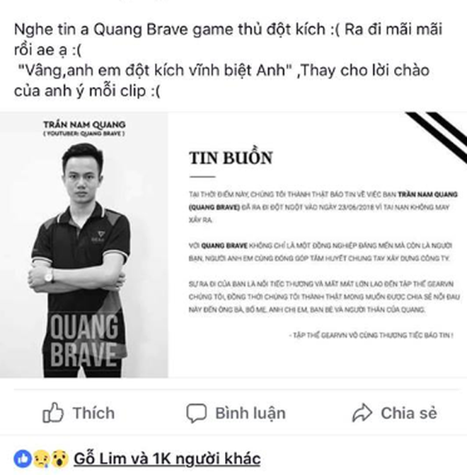 Game thủ nổi tiếng Quang Brave qua đời ở tuổi 21 vì bệnh tim