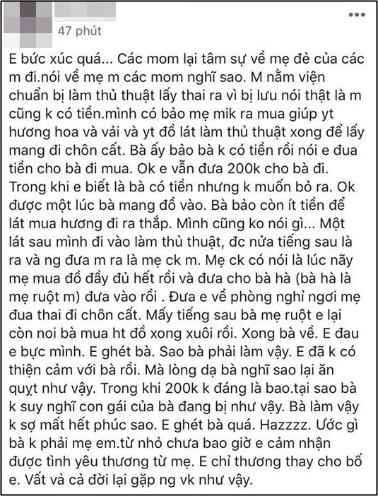 Chưa hết đau khổ vì lưu thai, cô gái lên mạng tố mẹ đẻ quỵt 200 nghìn đồng tiền mua lễ hộ