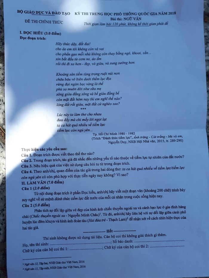 Đề văn THPT quốc gia 2018 hỏi về sứ mệnh đánh thức tiềm lực đất nước