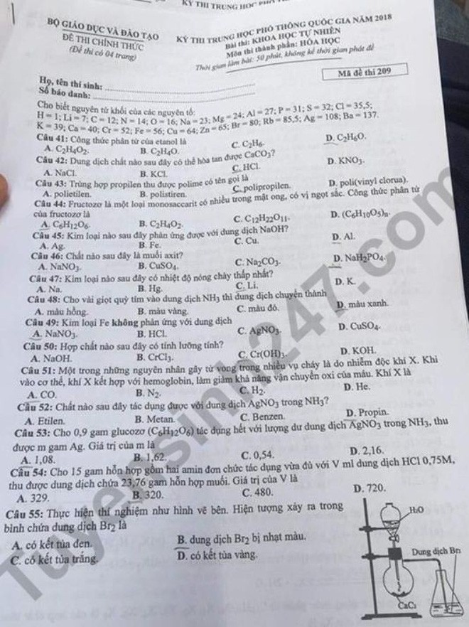 Gợi ý áp án môn Hóa học THPT quốc gia 2018 Gợi ý áp án môn Hóa học THPT quốc gia 2018