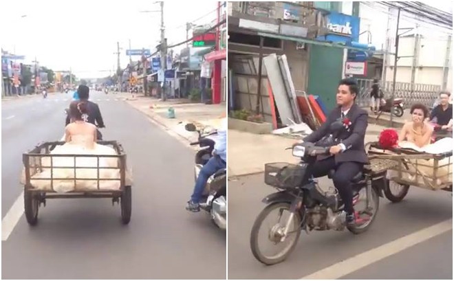 Chú rể đón dâu bằng xe kéo, cô dâu chẳng nề hà mà vẫn cười tươi khiến cộng đồng mạng thích thú