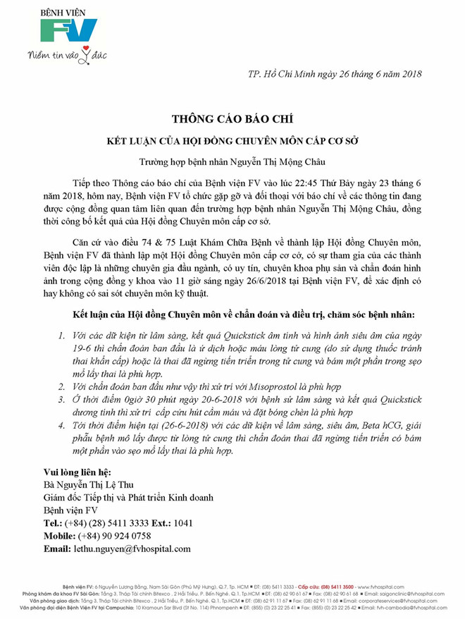 Bệnh nhân tố bác sĩ Bệnh viện FV cho thuốc phá thai khi đang mang bầu