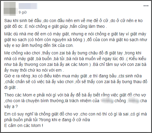 Chồng giúp vợ ở cữ giặt quần áo cho con, mẹ chồng thấy vậy buồn tủi bỏ về, dâu trẻ chán nản xin tư vấn