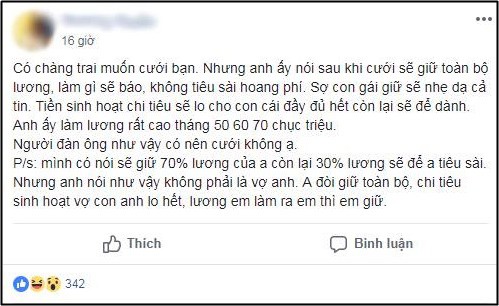 Chưa kịp mừng vì chồng tương lai có thu nhập 70 triệu/tháng, cô gái điếng người khi biết chàng đòi giữ hết tiền lương