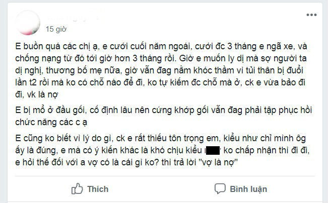 Vợ bị tai nạn giao thông điều trị 3 tháng ròng và câu nói như xát muối vào tim của chồng: Vợ là nợ Vợ bị tai nạn giao thông điều trị 3 tháng ròng và câu nói như xát muối vào tim của chồng: Vợ là nợ