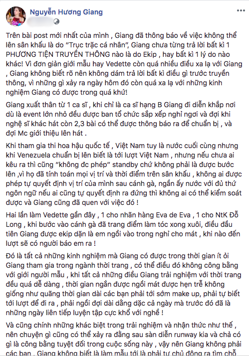 Hương Giang viết tâm thư lên tiếng về ồn ào bị bỏ quên trong show diễn của NTK Hà Duy Hương Giang viết tâm thư lên tiếng về ồn ào bị bỏ quên trong show diễn của NTK Hà Duy