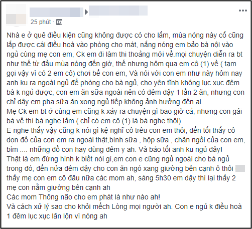 Cạn lời với cô em chồng về chơi nhà mẹ đẻ, tiện thể đuổi cháu ruột ra ngoài ngủ để chiếm dụng cái điều hòa