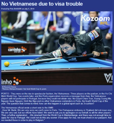 Cơ thủ Việt Nam vắng mặt ở Cup Thế giới vì không làm được visa