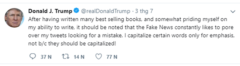 Viết tweet khoe khả năng viết lách, Tổng thống Donald Trump bất cẩn mắc ngay 2 lỗi chính tả