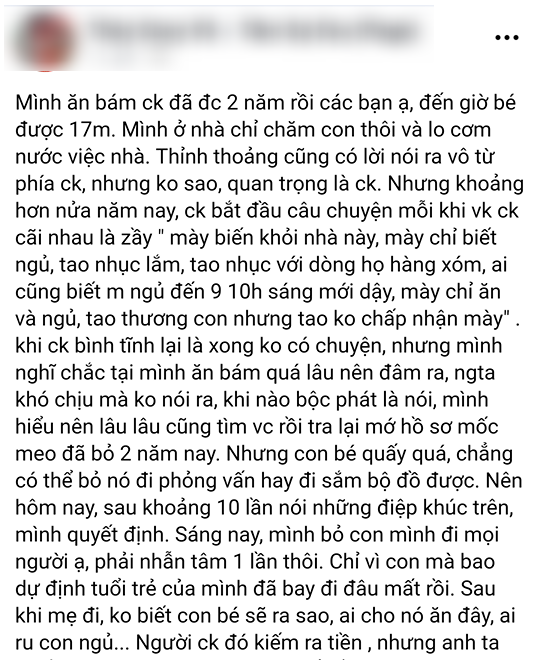 Bị chồng mắng đồ ăn bám, mẹ trẻ định bỏ con gái 17 tháng cho chồng nuôi, còn nói tại nó mà đời em dang dở