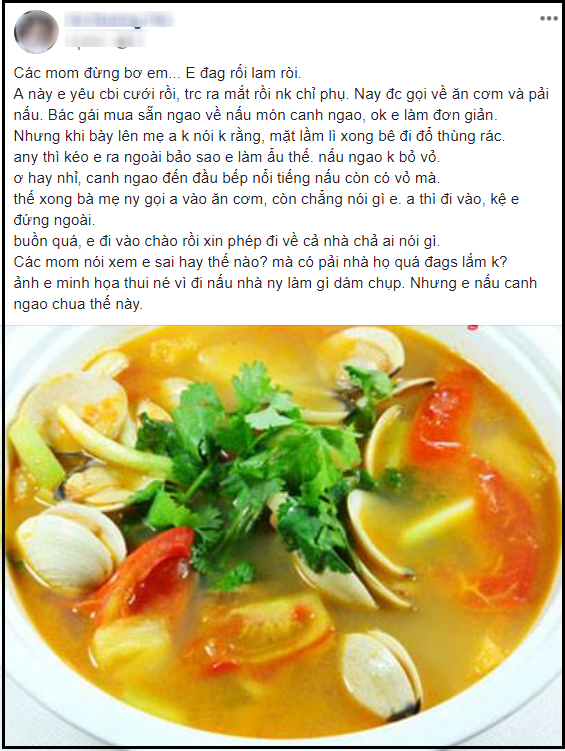 Ra mắt bị bơ đẹp, cô gái bối rối lên mạng hỏi nhưng chị em chỉ mải tranh cãi nấu ngao có bỏ vỏ không