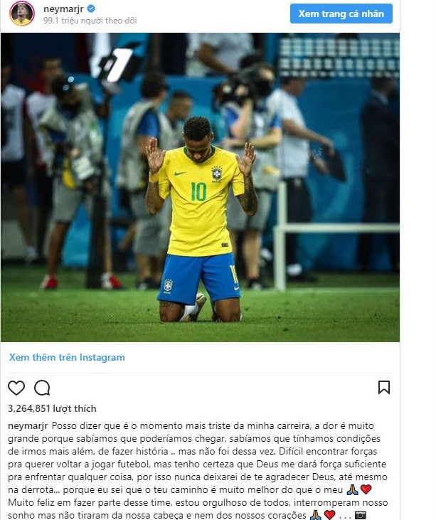 Neymar gửi tâm thư xúc động sau thất bại của Brazil