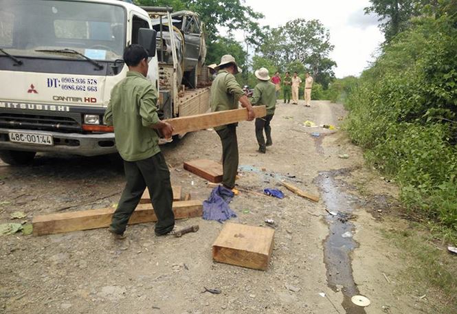 Thi thể hai người đàn ông không nguyên vẹn bên xe gỗ lậu