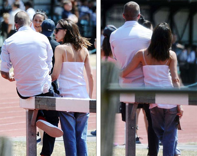 Vic liên tục ôm chồng từ phía sau khi tham gia hoạt động ngoại khóa cùng con