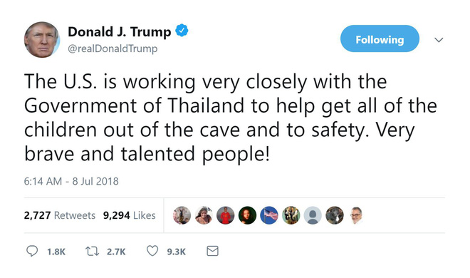 Thái Lan giải cứu thành công 4 cầu thủ nhí, TT Trump liền tuyên bố Mỹ cũng góp sức Thái Lan giải cứu thành công 4 cầu thủ nhí, TT Trump liền tuyên bố Mỹ cũng góp sức