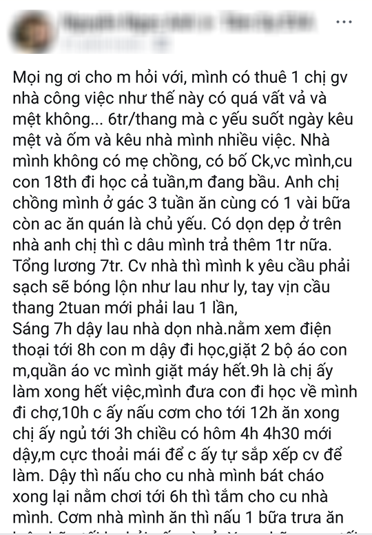 Mẹ bầu đau đầu vì ôsin ngày ngủ trưa 4 tiếng, chỉ nấu 1 bữa cơm, tháng nhận lương 7 triệu mà còn than mệt