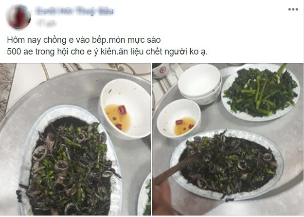 Chồng xắn tay vào bếp làm mực xào thiên lý, lên mâm vợ nhanh tay chụp ảnh, còn hỏi liệu ăn có chết người không