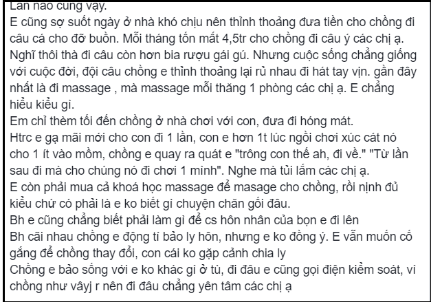 Vợ không tiếc tiền cho chồng câu cá giải sầu, đi học massage để cung phụng chồng nhưng vẫn bị phản bội Vợ không tiếc tiền cho chồng câu cá giải sầu, đi học massage để cung phụng chồng nhưng vẫn bị phản bội