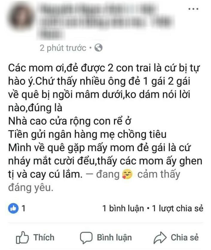 Mẹ trẻ tuyên bố tự hào vì có 2 con trai, khinh thường các nhà toàn con gái phải ngồi mâm dưới gây bão MXH