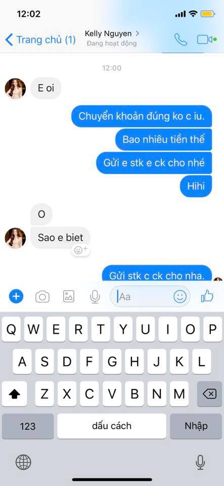 Kelly Nguyễn inbox Huyền Baby mượn tiền: Cẩn thận, là hacker đấy!