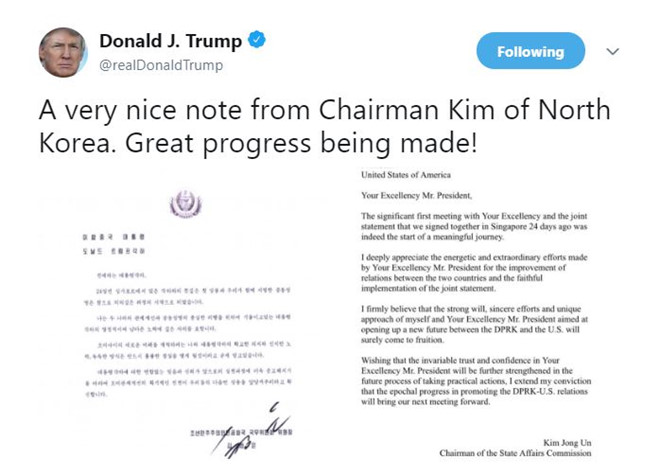 TT Trump công bố thư ông Kim Jong Un ca ngợi Mỹ