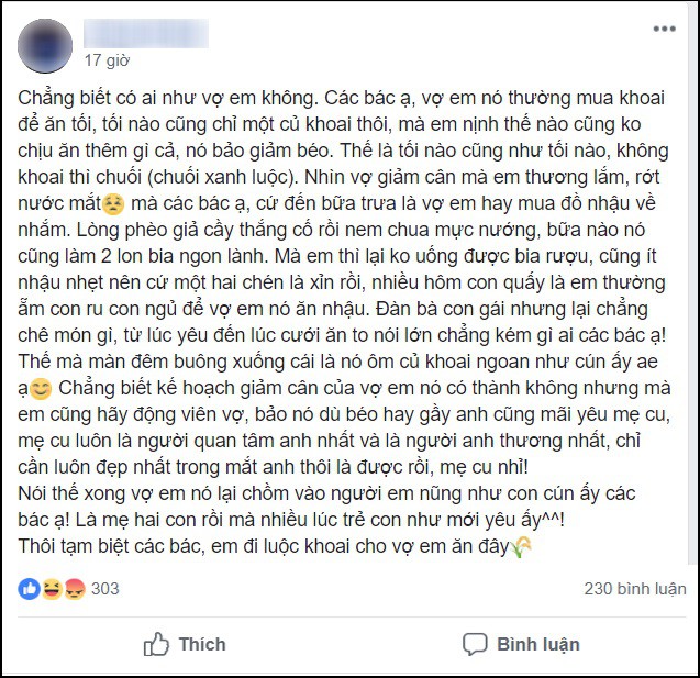 Tâm sự của anh chồng có vợ cứ tối là ăn khoai luộc giảm cân, nhưng trưa nào cũng nhậu tới 2 lon bia