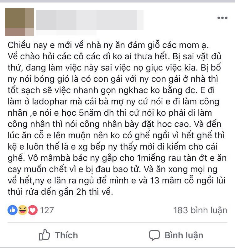 Về nhà người yêu ăn giỗ, cô gái trẻ bị nói bóng gió không biết gì dù đã làm đủ việc, ăn xong cỗ còn phải một mình rửa hết 13 mâm bát Về nhà người yêu ăn giỗ, cô gái trẻ bị nói bóng gió không biết gì dù đã làm đủ việc, ăn xong cỗ còn phải một mình rửa hết 13 mâm bát