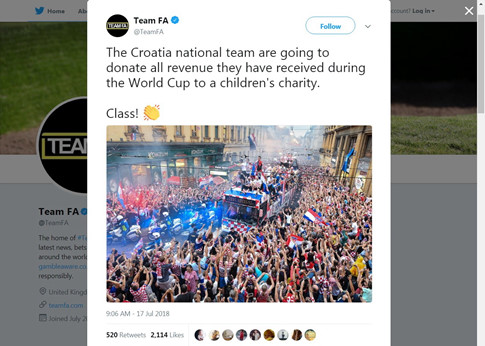 Tuyển Croatia và Anh đều tặng tiền thưởng World Cup làm từ thiện