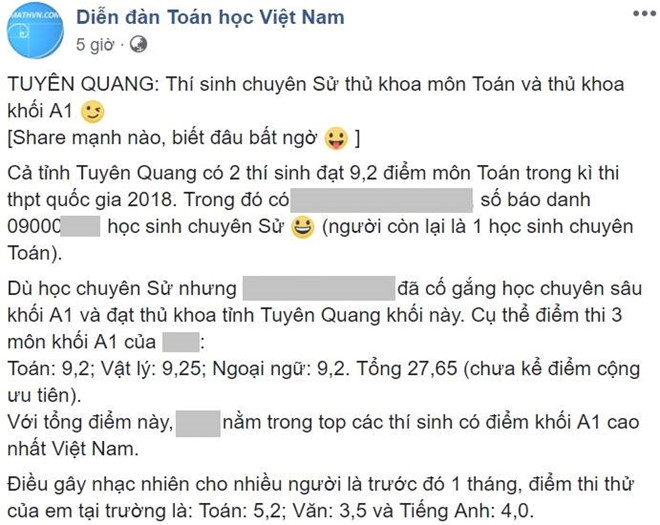 Bất thường học sinh chuyên Sử đỗ thủ khoa khối A1 tỉnh Tuyên Quang
