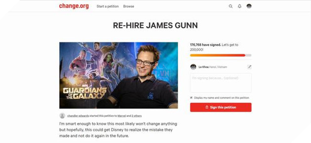Nhiều sao Marvel lên tiếng và 240.000 chữ ký yêu cầu Disney rút lại quyết định đuổi James Gunn Nhiều sao Marvel lên tiếng và 240.000 chữ ký yêu cầu Disney rút lại quyết định đuổi James Gunn