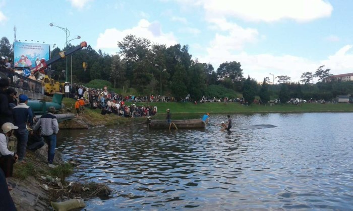 Xe tải lao thẳng xuống hồ Xuân Hương như phim