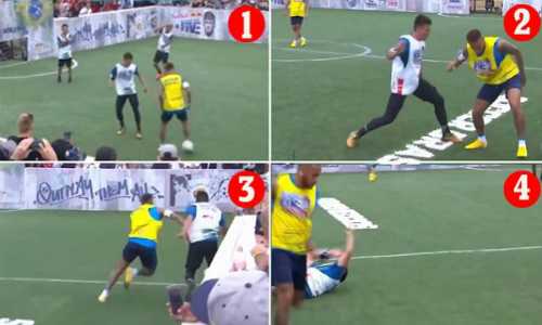 Neymar đẩy ngã cầu thủ nghiệp dư sau khi mất bóng