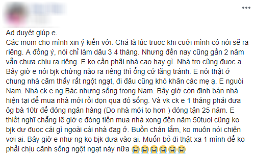 Cô vợ trẻ than trời vì chồng thất hứa, cưới 2 năm không chịu ra riêng, nay bố mẹ chồng còn bắt góp 10 triệu/tháng để mua nhà ở chung