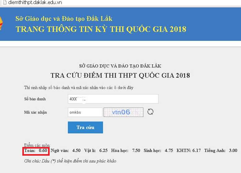 Một thí sinh được nâng điểm thi Toán từ 0,6 lên 7,2 sau phúc khảo