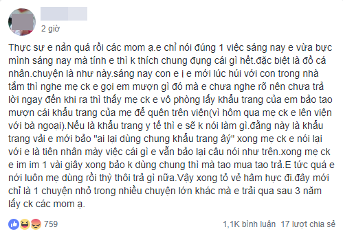 Mẹ chồng hỏi mượn chiếc khẩu trang, nàng dâu trẻ hậm hực lên mạng nói xấu, chị em đồng lòng hỏi khẩu trang em dệt bằng vàng ư?