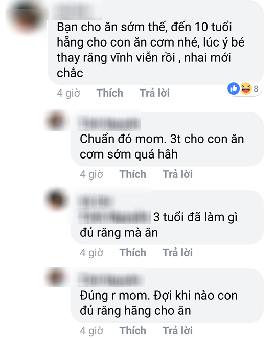 Thơ ngây hỏi con 3 tuổi đã cho ăn cơm được chưa, mẹ trẻ này được chị em thật thà tư vấn: Sớm thế, đợi 30 tuổi hãy cho ăn!