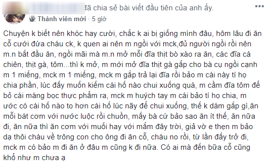 Đi ăn cỗ cưới với mẹ chồng, nàng dâu xấu hổ vì gắp gì cũng bị nhắc lát người ta chia phần, cả mâm chỉ được ăn canh suông