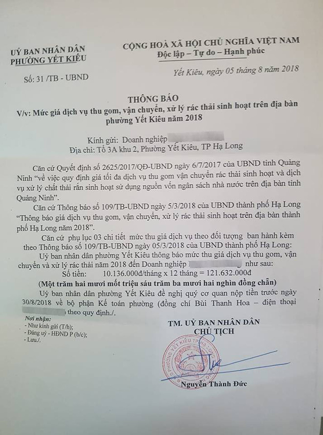 Sốc khi nhận thông báo thu phí rác sinh hoạt hơn 120 triệu từ UBND phường