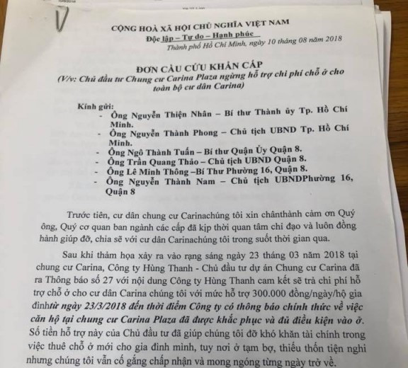 Bị chủ đầu tư cắt hỗ trợ, người dân Carina Plaza cầu cứu Bí thư TP HCM