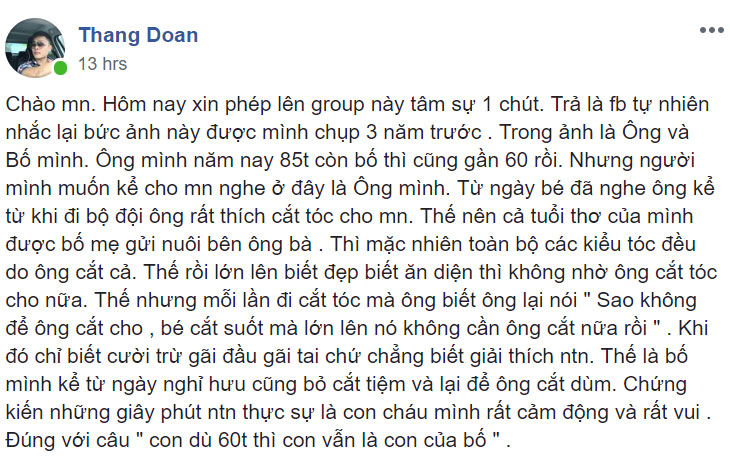 Hình ảnh ông cắt tóc cho bố và lời nhắn nhủ cảm động: Dù bao nhiêu tuổi, tình cha vẫn vậy!