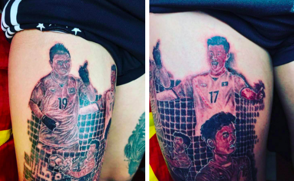 Một CĐV U23 Việt Nam xăm hình 3 tuyển thủ lên đùi để cổ vũ, còn hứa nếu vô địch sẽ xăm luôn hình thầy Park