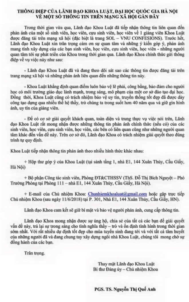 Khoa Luật mở 3 địa chỉ tiếp nhận phản ánh vụ nam giảng viên bị tố gạ gẫm sinh viên nữ